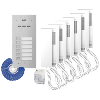 ZESTAW DOMOFONOWY ACO FAM-P-6NPACC + 6 UNIFONÓW INS-UP720B + ZASILACZ NA SZYNĘ DIN 15V